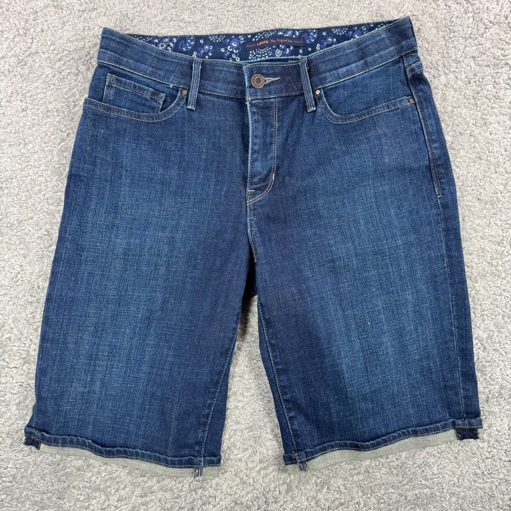 Levis 525 Perfect Waist Denim Bermuda Shorts Dark Wash Blue Womens Size 8